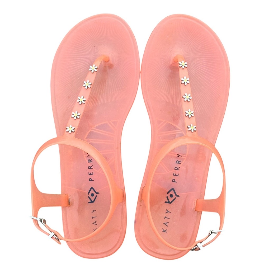 Katy Perry Geli Daisy Jelly Sandals Coral Orange T-Strap Flat Shoes EUC Womens 9 - Picture 1 of 3